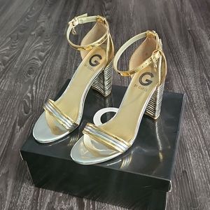 G by Guess Gold and Silver Block Shaker Heels Size 7